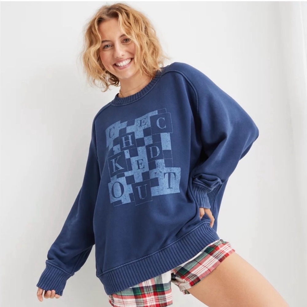AERIE Checked Out Oversized Crew Neck Pullover Sweatshirt Size M